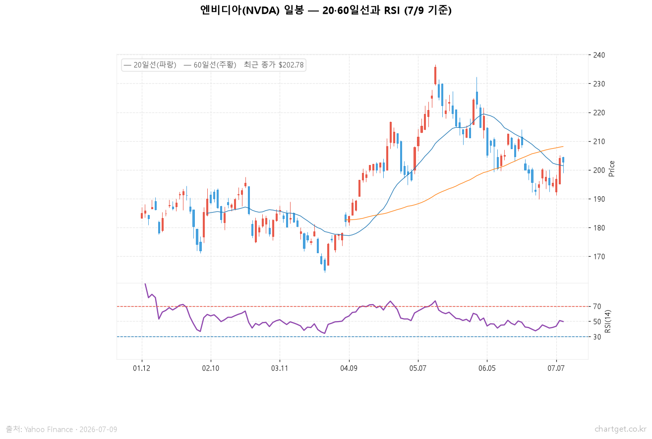 엔비디아 NVDA 일봉 차트 - 20일선 60일선과 RSI, 최근 종가 202.78