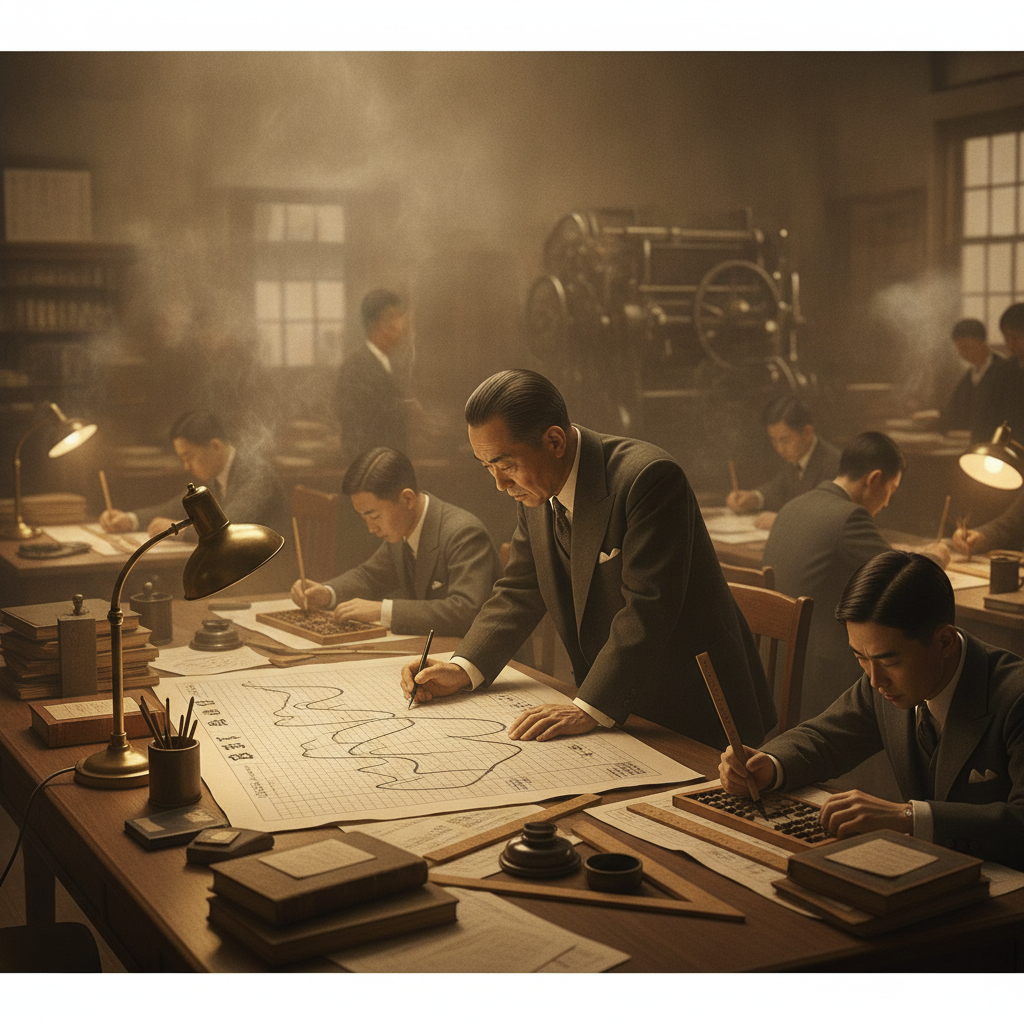 1930년대 도쿄 신문사에서 호소다 고이치가 모눈종이에 손으로 가격 곡선을 그리고 조수들이 주판으로 검증하는 편집 일러스트